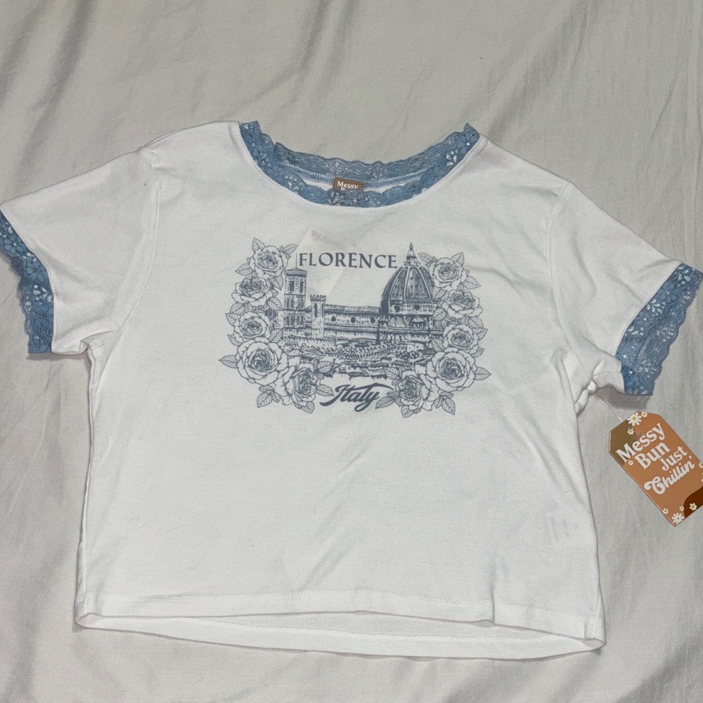 Messy Buns White and Blue Graphic Tee